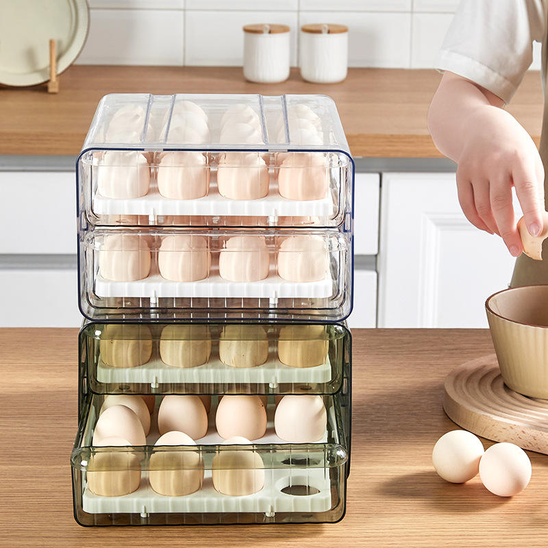 Egg Storage Box - Transparent PET Double-Layer Pull-Out Fridge Drawer Container