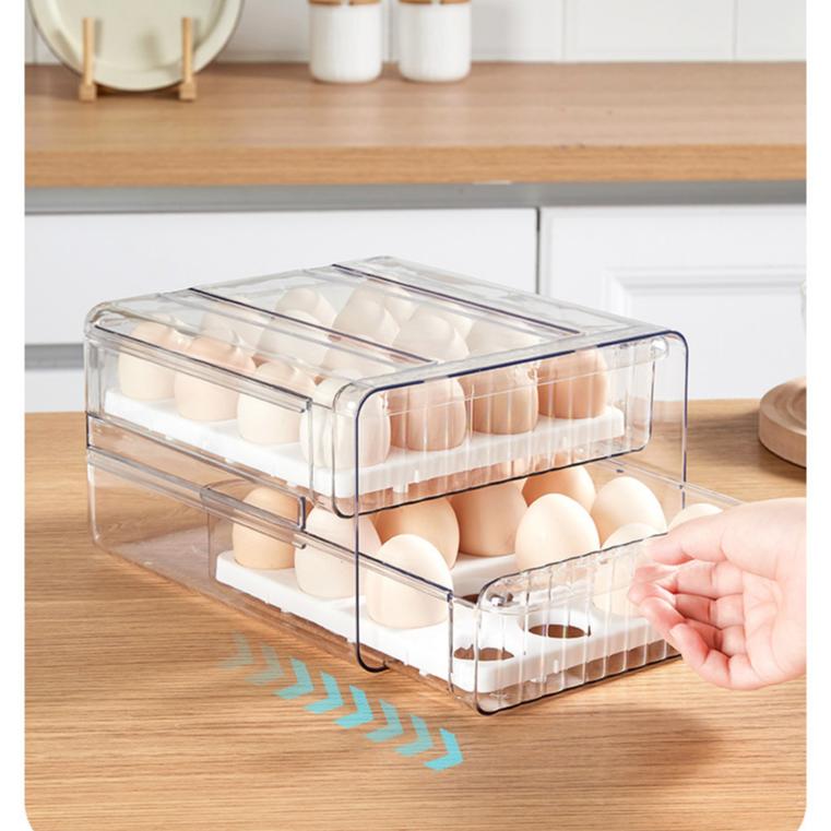 Egg Storage Box - Transparent PET Double-Layer Pull-Out Fridge Drawer Container