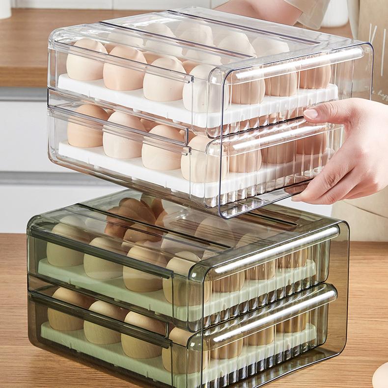Egg Storage Box - Transparent PET Double-Layer Pull-Out Fridge Drawer Container