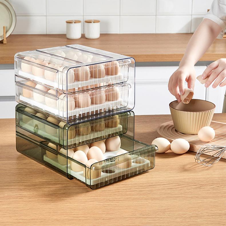 Egg Storage Box - Transparent PET Double-Layer Pull-Out Fridge Drawer Container