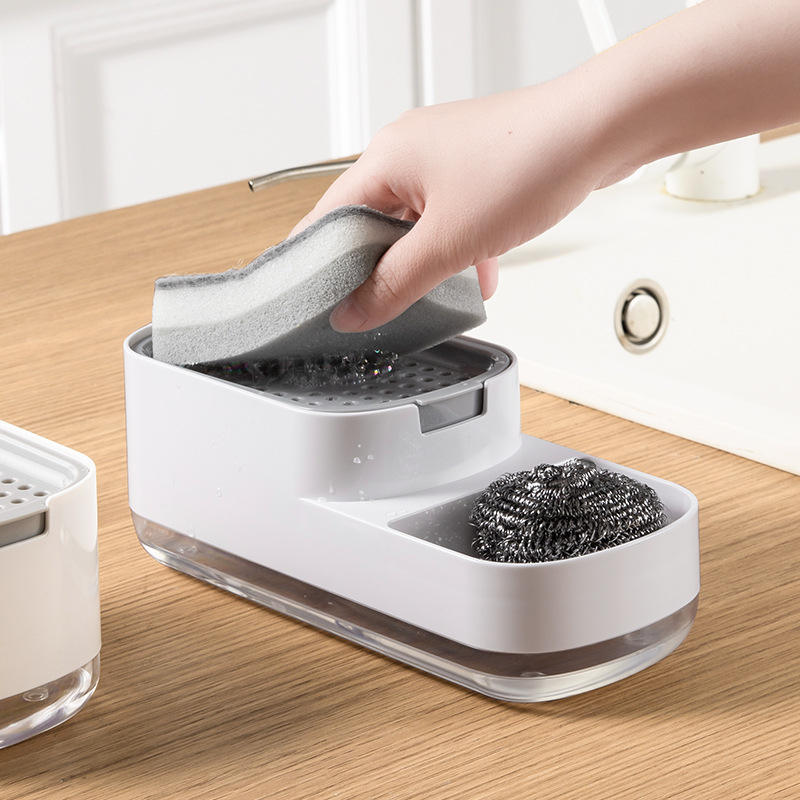 2-in-1 Kitchen Soap Dispenser with Sponge Rack - Press Dish Soap Pump & Sink Organizer