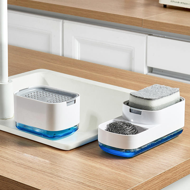 2-in-1 Kitchen Soap Dispenser with Sponge Rack - Press Dish Soap Pump & Sink Organizer