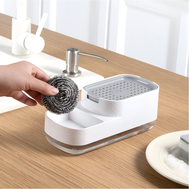 2-in-1 Kitchen Soap Dispenser with Sponge Rack - Press Dish Soap Pump & Sink Organizer