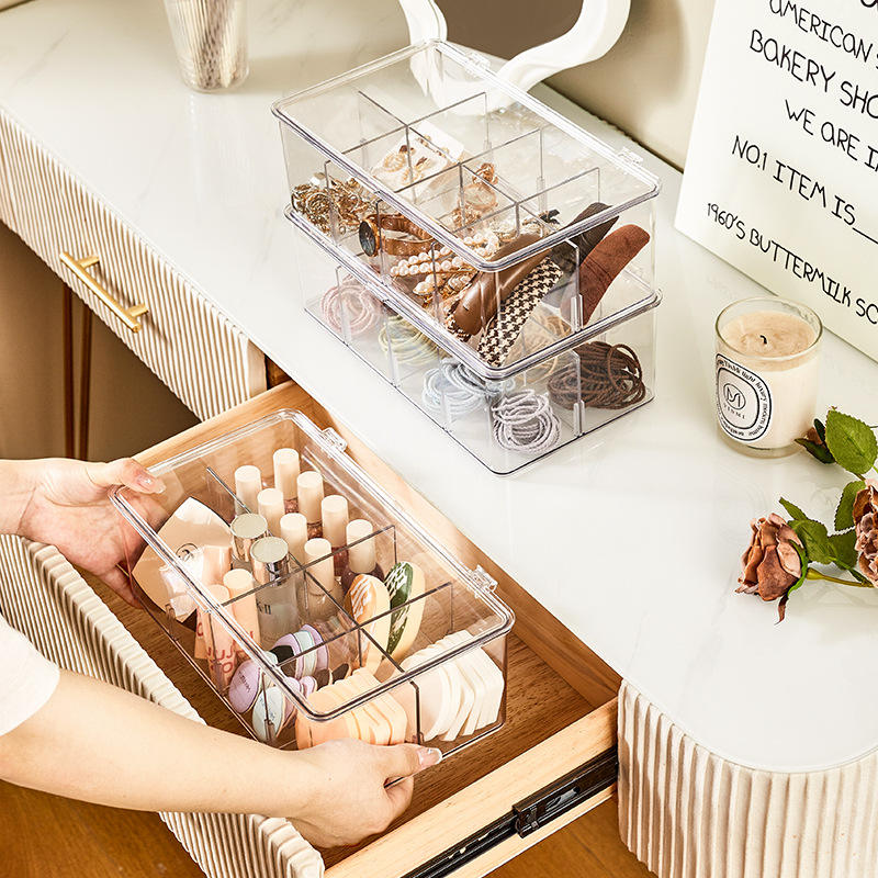 Flip-Top PET Compartment Storage Box - Upright Dust-Proof Vanity & Makeup Organizer