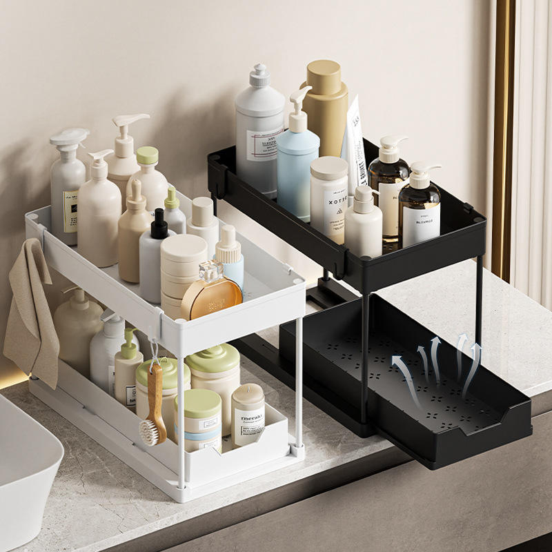 2-Layer Pull-Out Under-Sink Storage Rack - Multi-Function Plastic Organizer with Drainage