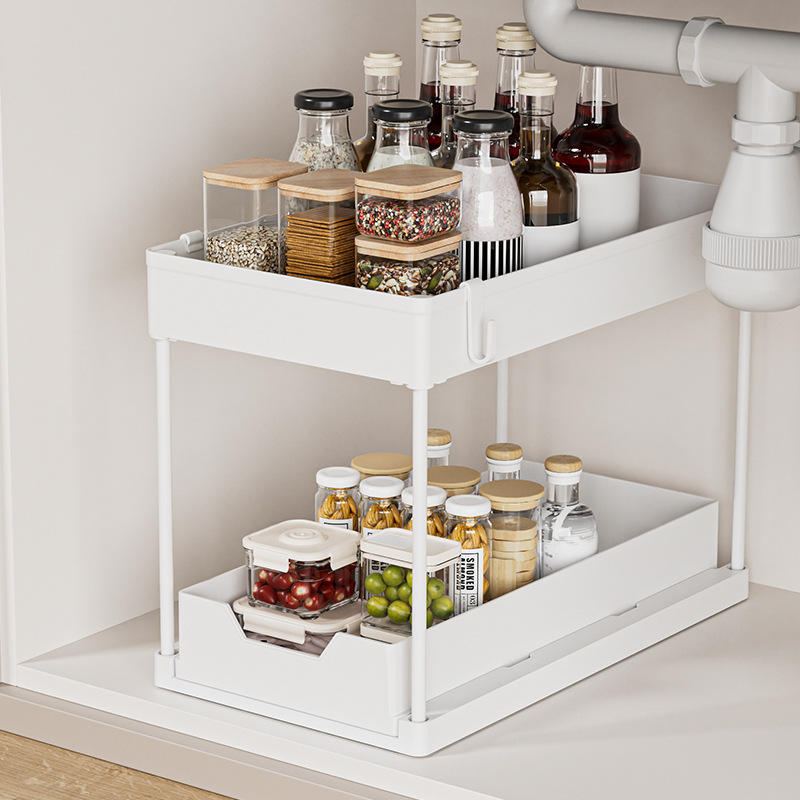 2-Layer Pull-Out Under-Sink Storage Rack - Multi-Function Plastic Organizer with Drainage