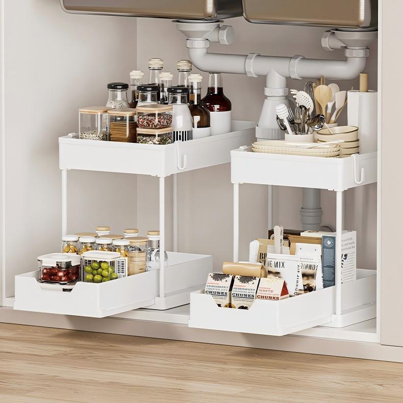 2-Layer Pull-Out Under-Sink Storage Rack - Multi-Function Plastic Organizer with Drainage