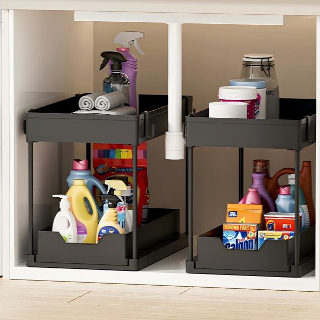 2-Layer Pull-Out Under-Sink Storage Rack - Multi-Function Plastic Organizer with Drainage