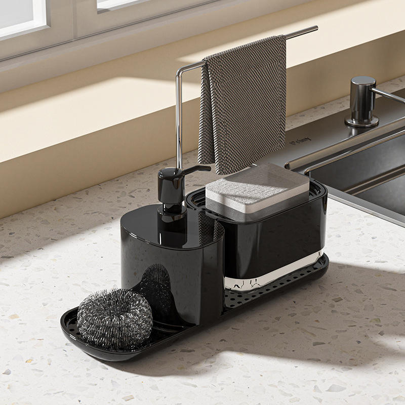 2-in-1 Kitchen Sink Organizer with Soap Dispenser - Upright Rack for Sponge & Cloth