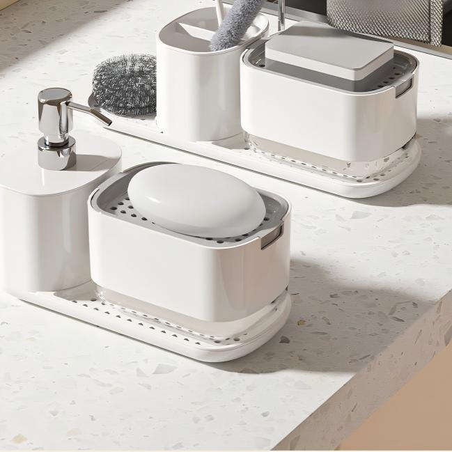 2-in-1 Kitchen Sink Organizer with Soap Dispenser - Upright Rack for Sponge & Cloth