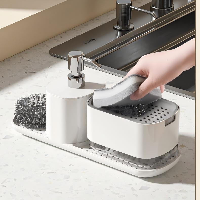 2-in-1 Kitchen Sink Organizer with Soap Dispenser - Upright Rack for Sponge & Cloth