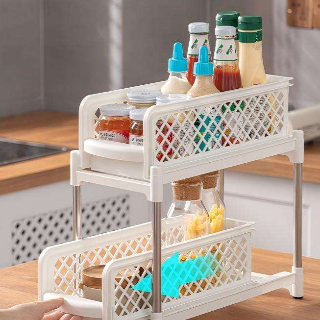 2-Layer Pull-Out Storage Rack - Movable Plastic Organizer for Kitchen & Bathroom, 37.5cm