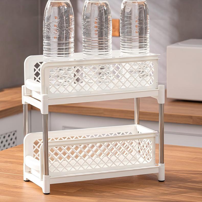 2-Layer Pull-Out Storage Rack - Movable Plastic Organizer for Kitchen & Bathroom, 37.5cm