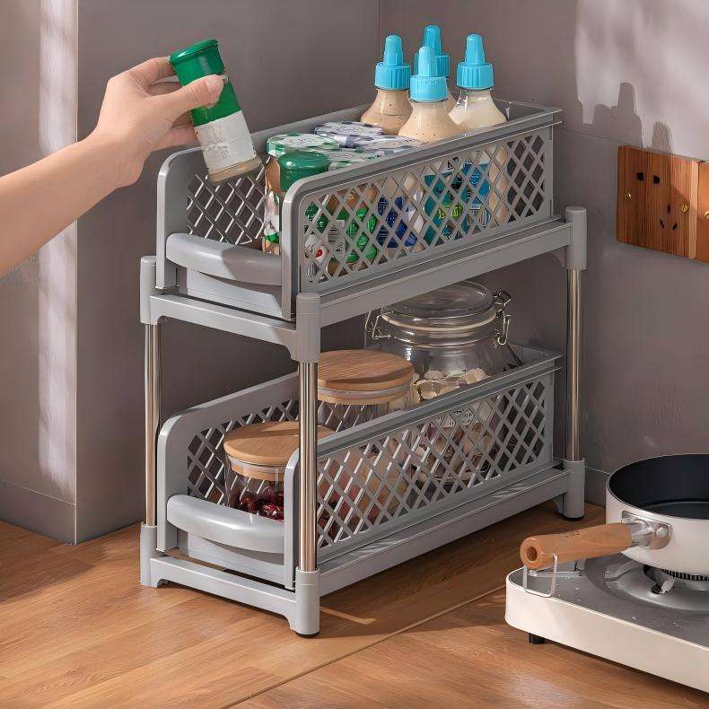 2-Layer Pull-Out Storage Rack - Multi-Purpose PP Organizer for Kitchen & Bathroom