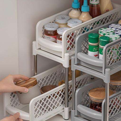 2-Layer Pull-Out Storage Rack - Multi-Purpose PP Organizer for Kitchen & Bathroom