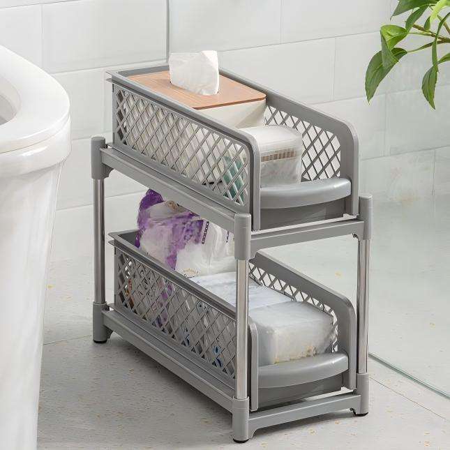 2-Layer Pull-Out Storage Rack - Multi-Purpose PP Organizer for Kitchen & Bathroom