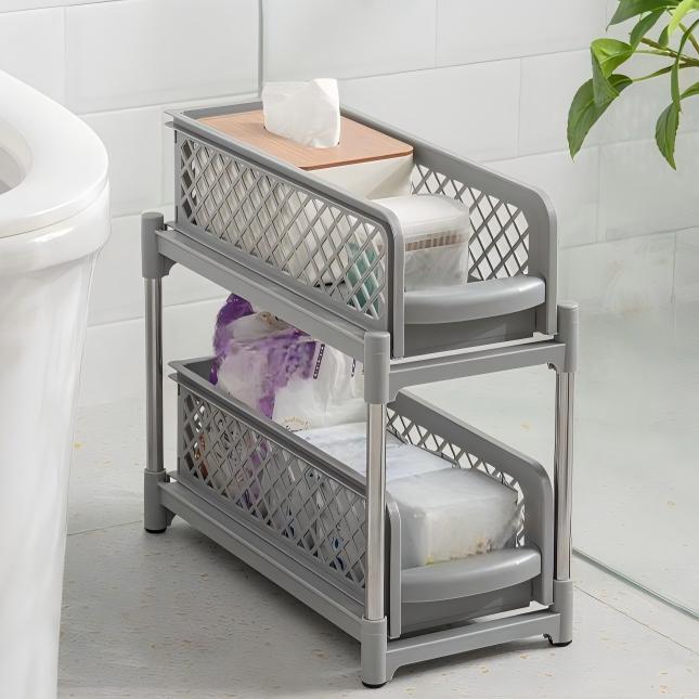 2-Layer Pull-Out Storage Rack - Multi-Purpose PP Organizer for Kitchen & Bathroom