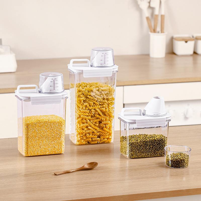Airtight Grain Storage Jar with Measuring Cup - Moisture-Proof Cereal Container