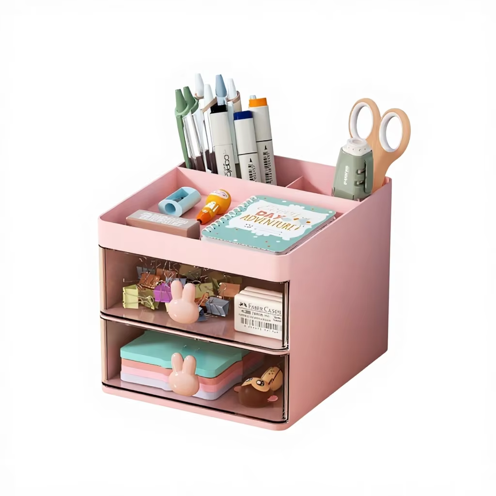 Pen Holder with Drawer - Transparent HIPS+PS Double-Layer Desk Organizer