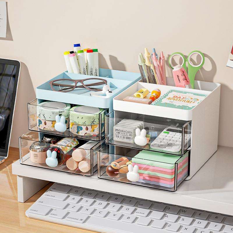 Pen Holder with Drawer - Transparent HIPS+PS Double-Layer Desk Organizer