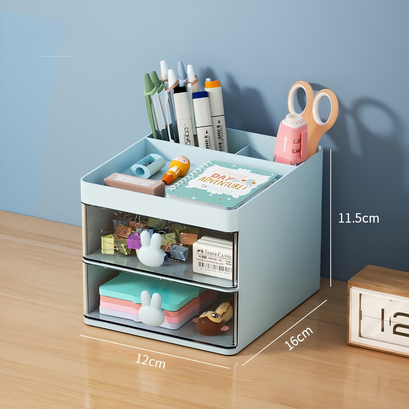 Pen Holder with Drawer - Transparent HIPS+PS Double-Layer Desk Organizer