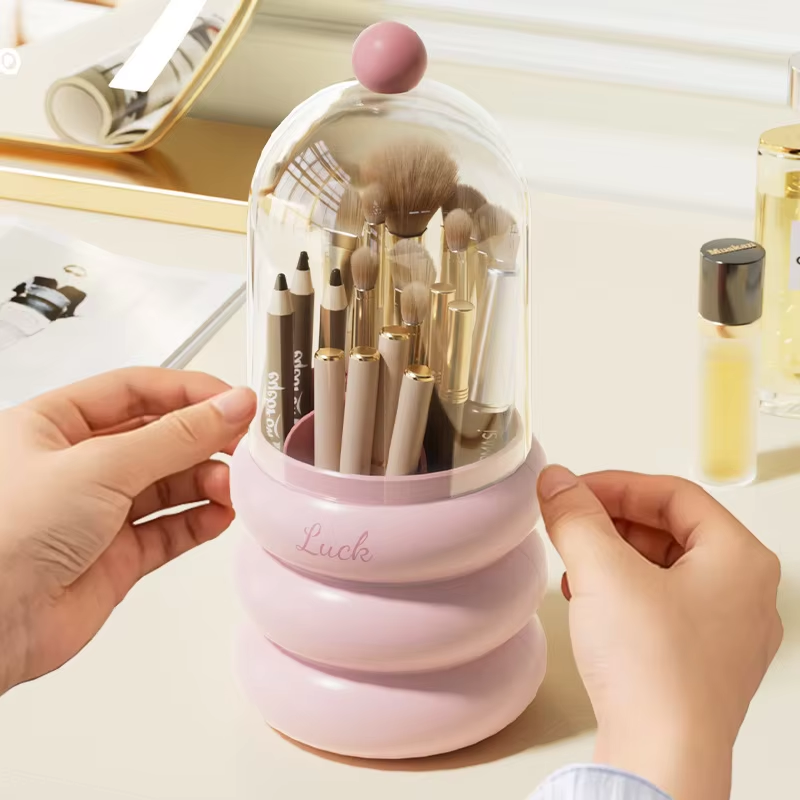 Rotating Makeup Brush Holder - Dust-Proof Compartment Case for Brushes & Lipstick