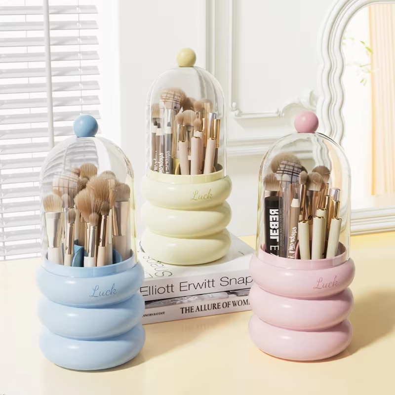 Rotating Makeup Brush Holder - Dust-Proof Compartment Case for Brushes & Lipstick