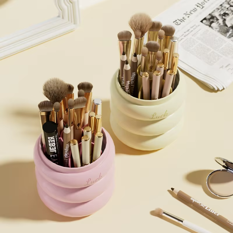 Rotating Makeup Brush Holder - Dust-Proof Compartment Case for Brushes & Lipstick