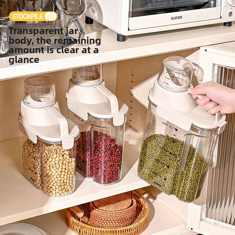 Sealed Grain Storage Container - Transparent Grey Food-Grade Plastic Jar for Flour