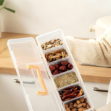 6-Compartment Spice Storage Box - Transparent Plastic Kitchen Organizer for Herbs & Spices