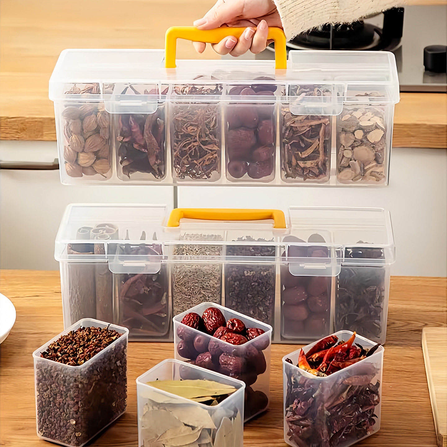 6-Compartment Spice Storage Box - Transparent Plastic Kitchen Organizer for Herbs & Spices
