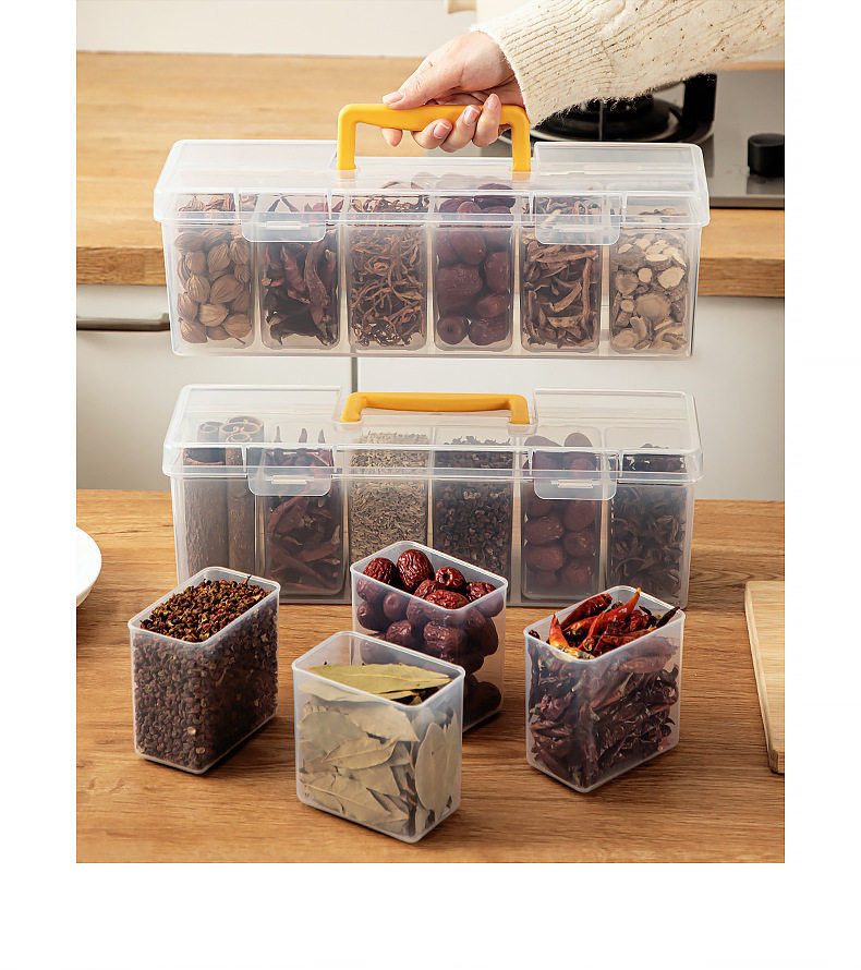 6-Compartment Spice Storage Box - Transparent Plastic Kitchen Organizer for Herbs & Spices