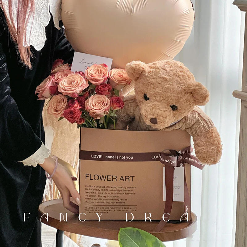 Cappuccino Rose Teddy Bear Gift Bag with Heart Balloon Bouquet