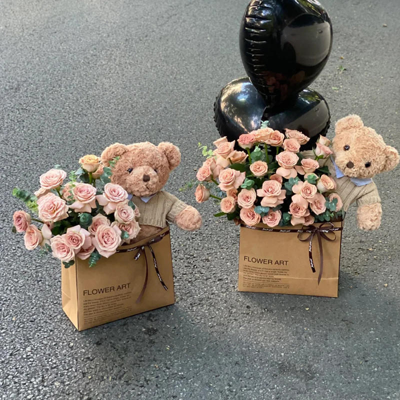 Cappuccino Rose Teddy Bear Gift Bag with Heart Balloon Bouquet