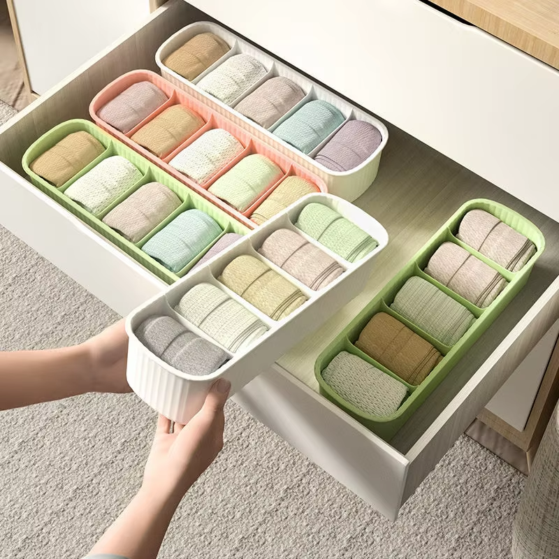 Striped 5-Compartment Plastic Storage Box for Socks - Portable Wardrobe Bin