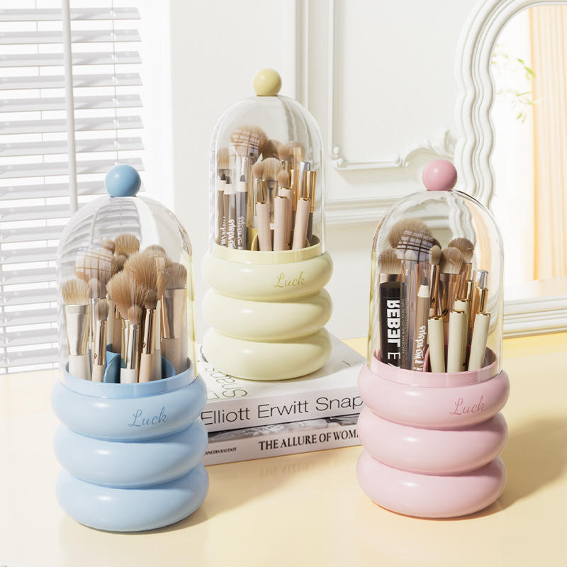 Rotating Plastic Makeup Brush Holder with Dust Cover and Compartments