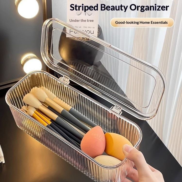 Rectangular Makeup Brush and Puff Storage Box - Dustproof Vanity Organizer