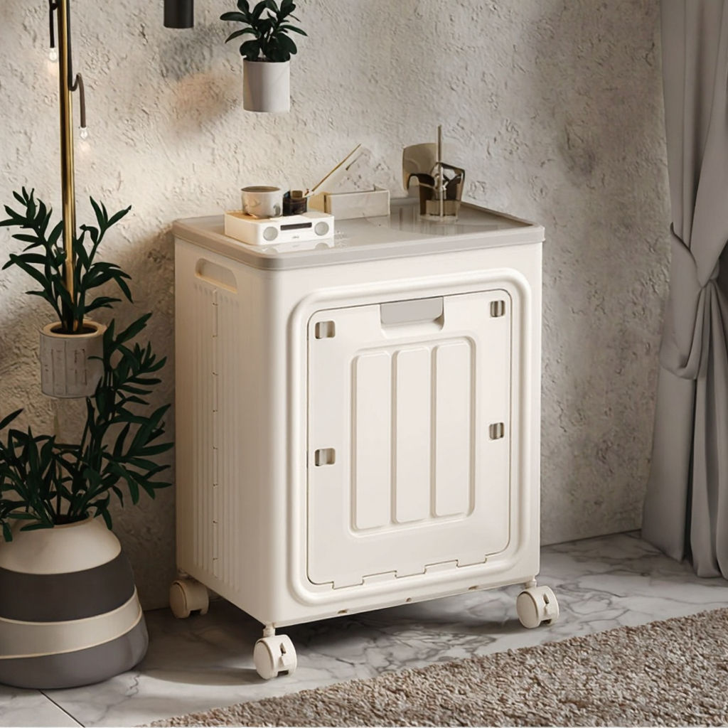 Multifunctional Plastic Storage Box with Flip Lid and Wheels, 55 L