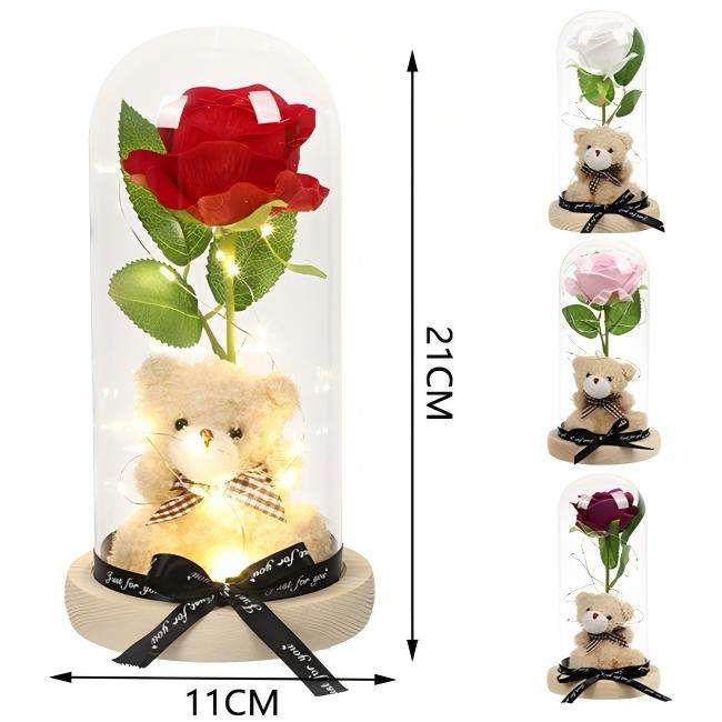 Custom Artificial Rose Bear Bouquet in Glass Dome Gift Box for Valentine’s Day