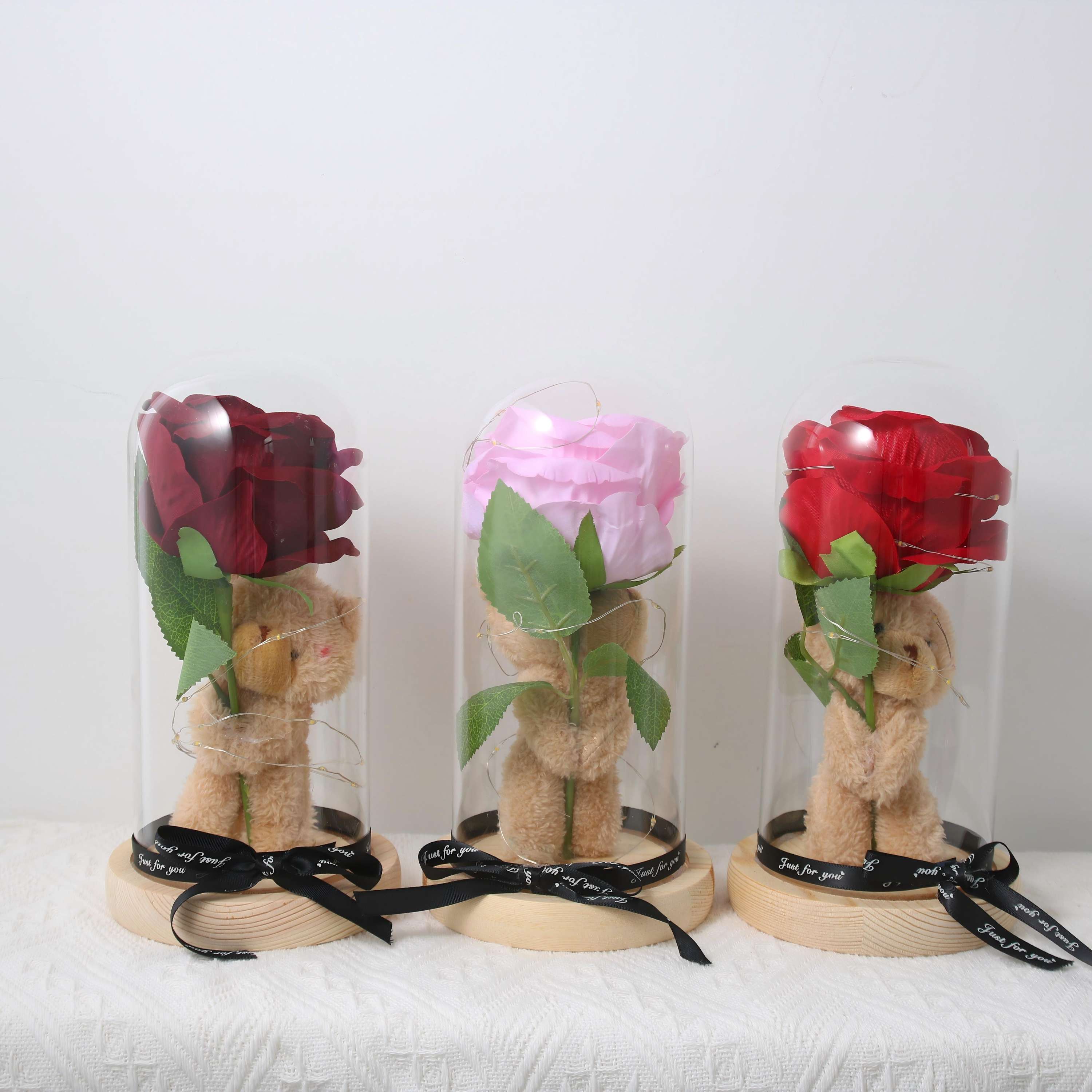 Custom Artificial Rose Bear Bouquet in Glass Dome Gift Box for Valentine’s Day