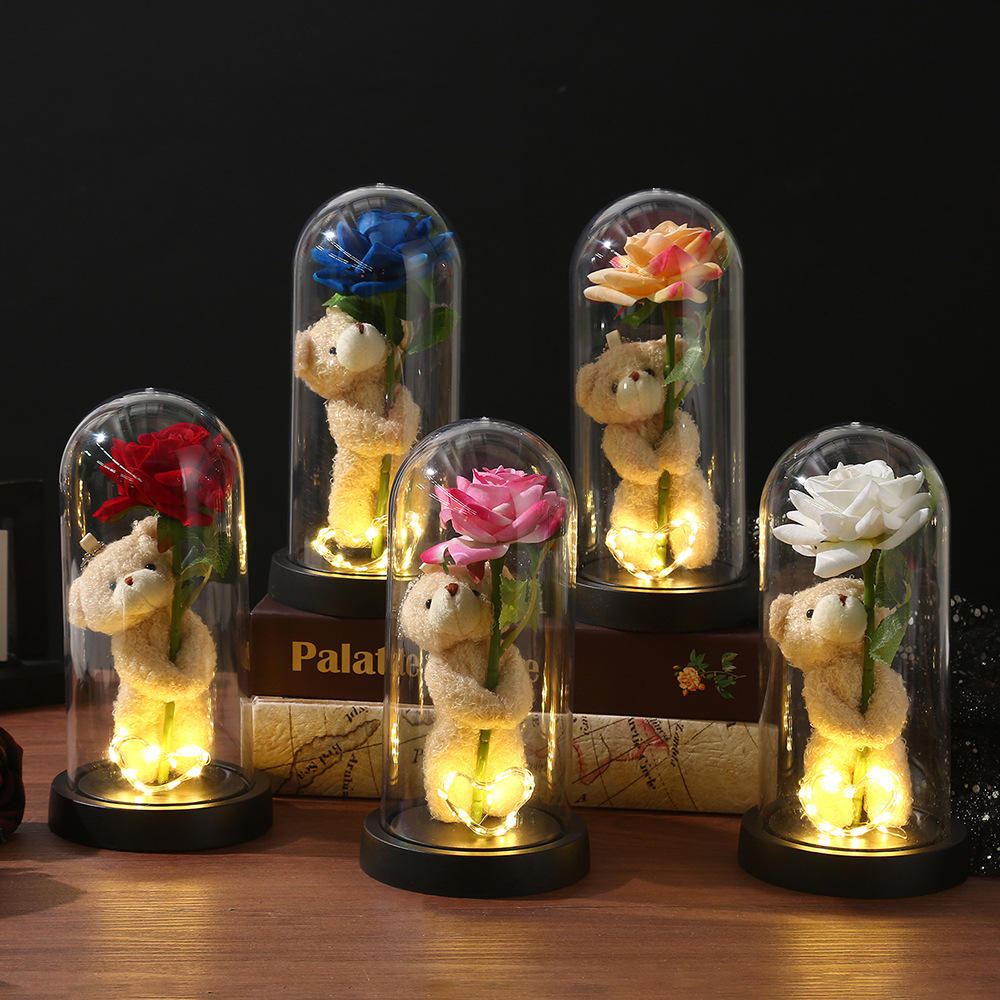 Custom Artificial Rose Bear Bouquet in Glass Dome Gift Box for Valentine’s Day