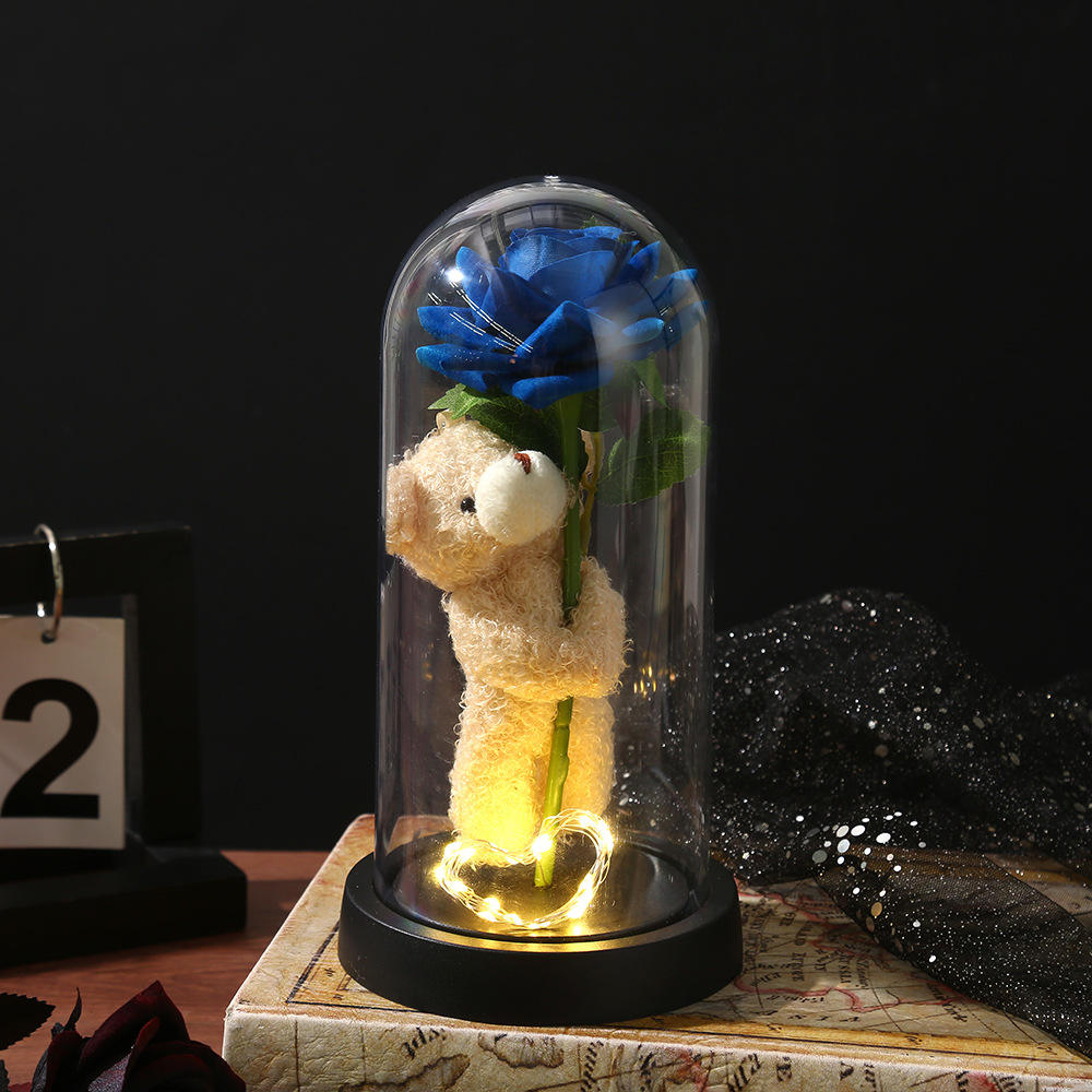 Custom Artificial Rose Bear Bouquet in Glass Dome Gift Box for Valentine’s Day