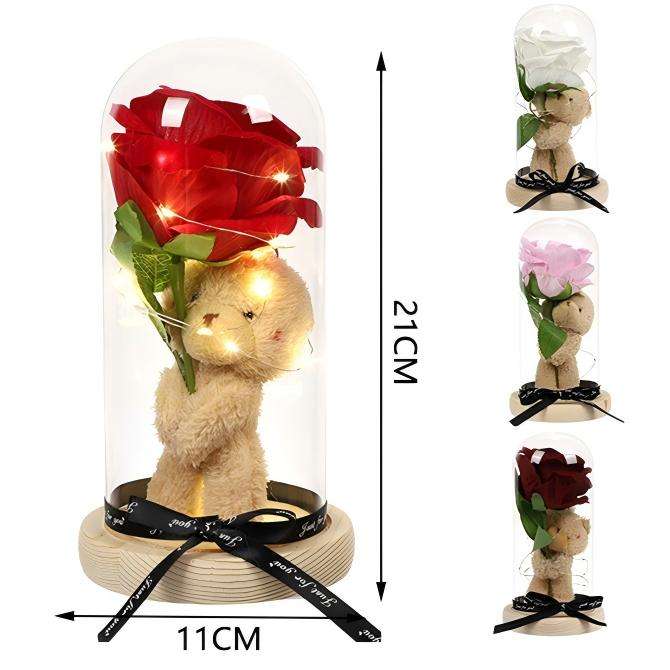 Custom Artificial Rose Bear Bouquet in Glass Dome Gift Box for Valentine’s Day