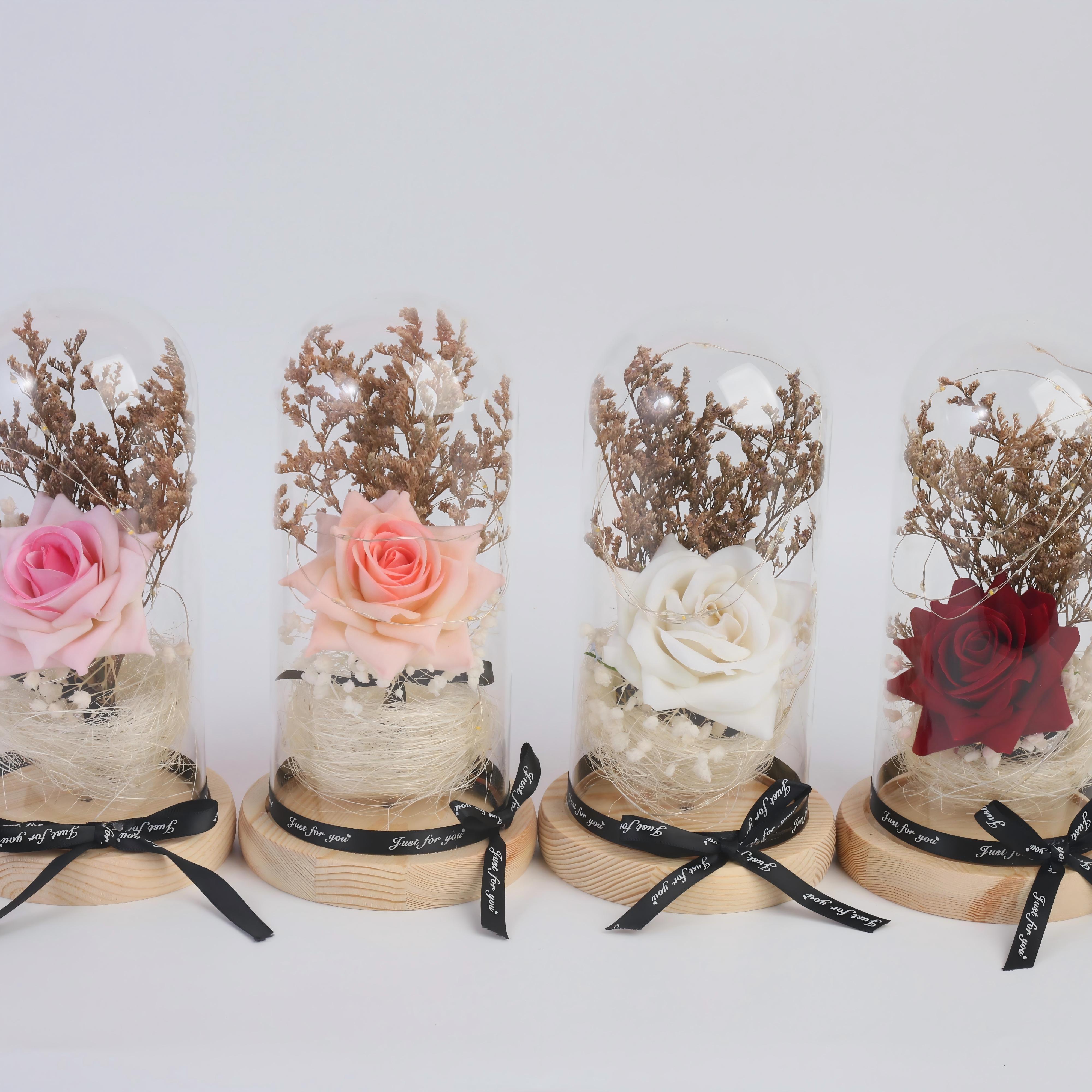 Custom Artificial Rose Bear Bouquet in Glass Dome Gift Box for Valentine’s Day
