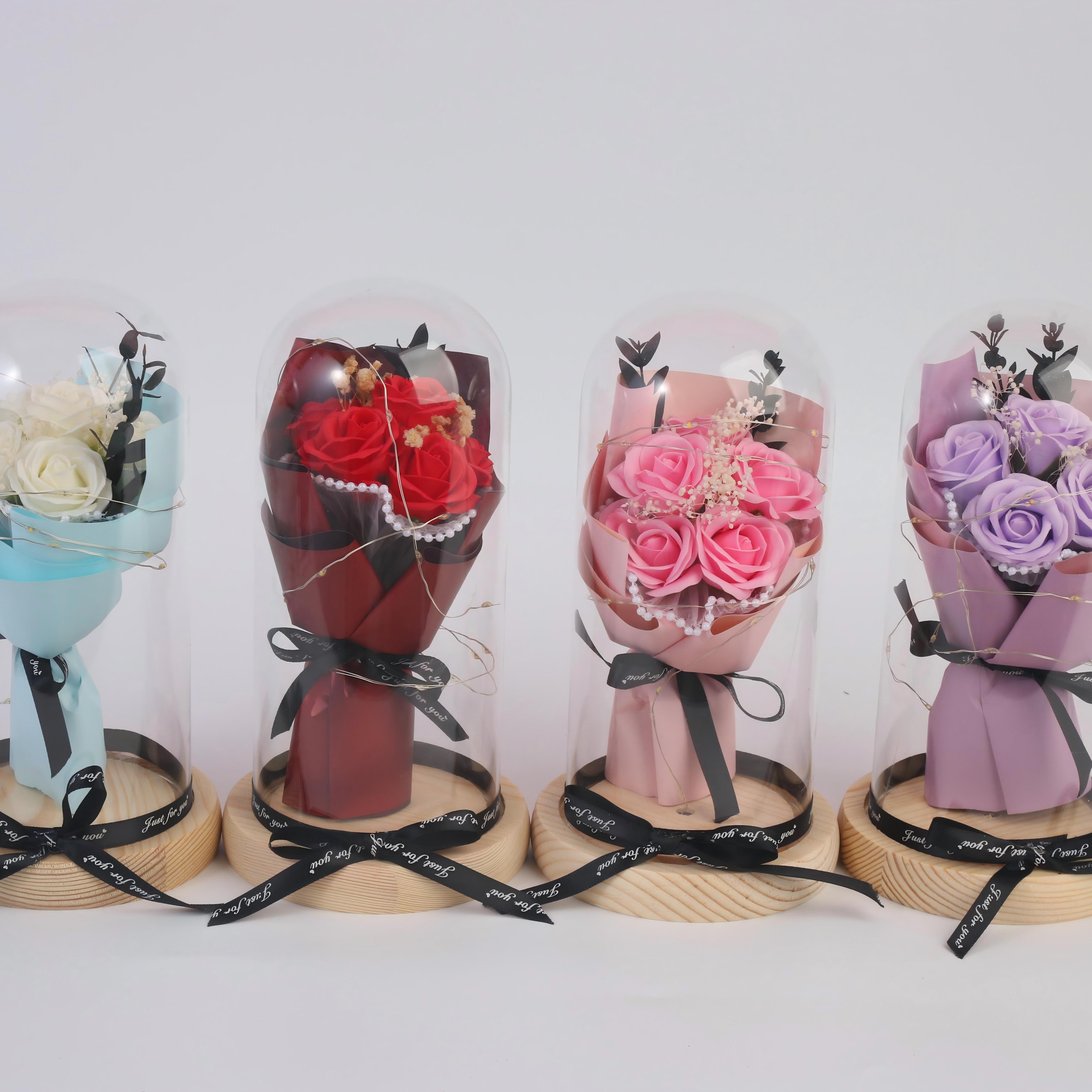 Custom Artificial Rose Bear Bouquet in Glass Dome Gift Box for Valentine’s Day