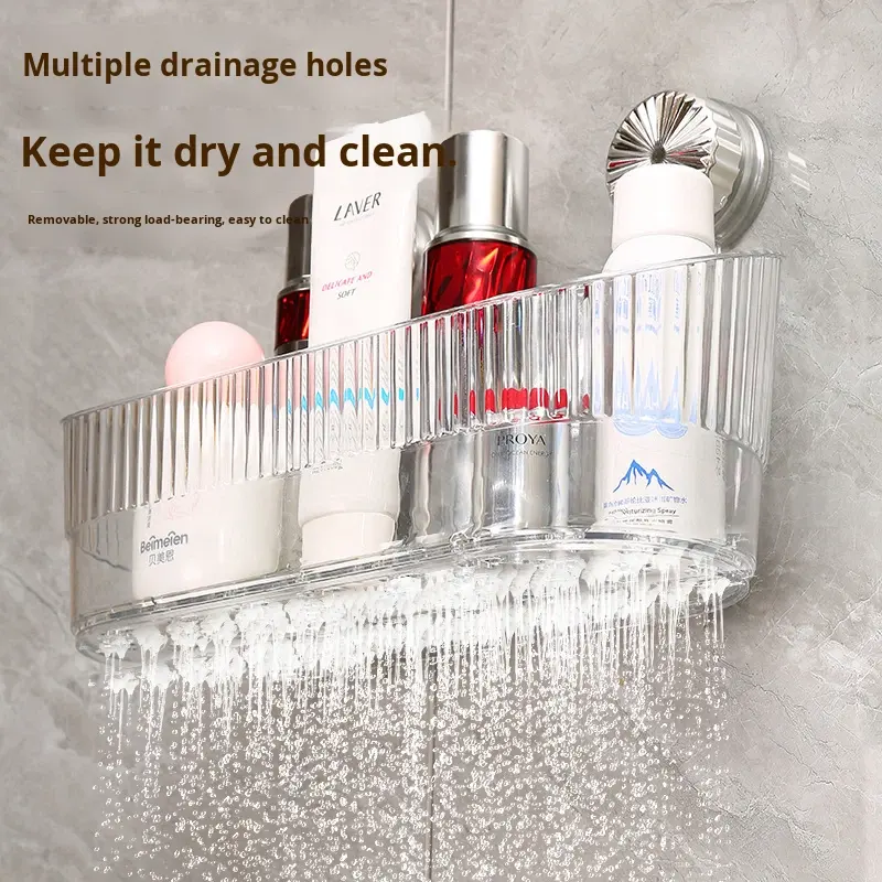 Suction Cup Shower Shelf with Hooks, 40 x 30 x 25 cm - Bathroom and Kitchen Rack