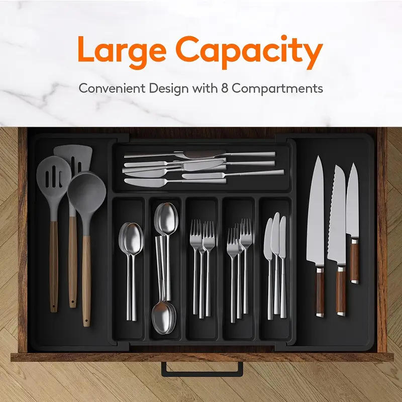 Extendable Square PP Kitchen Drawer Organizer for Cutlery, 58 x 16 x 4 cm