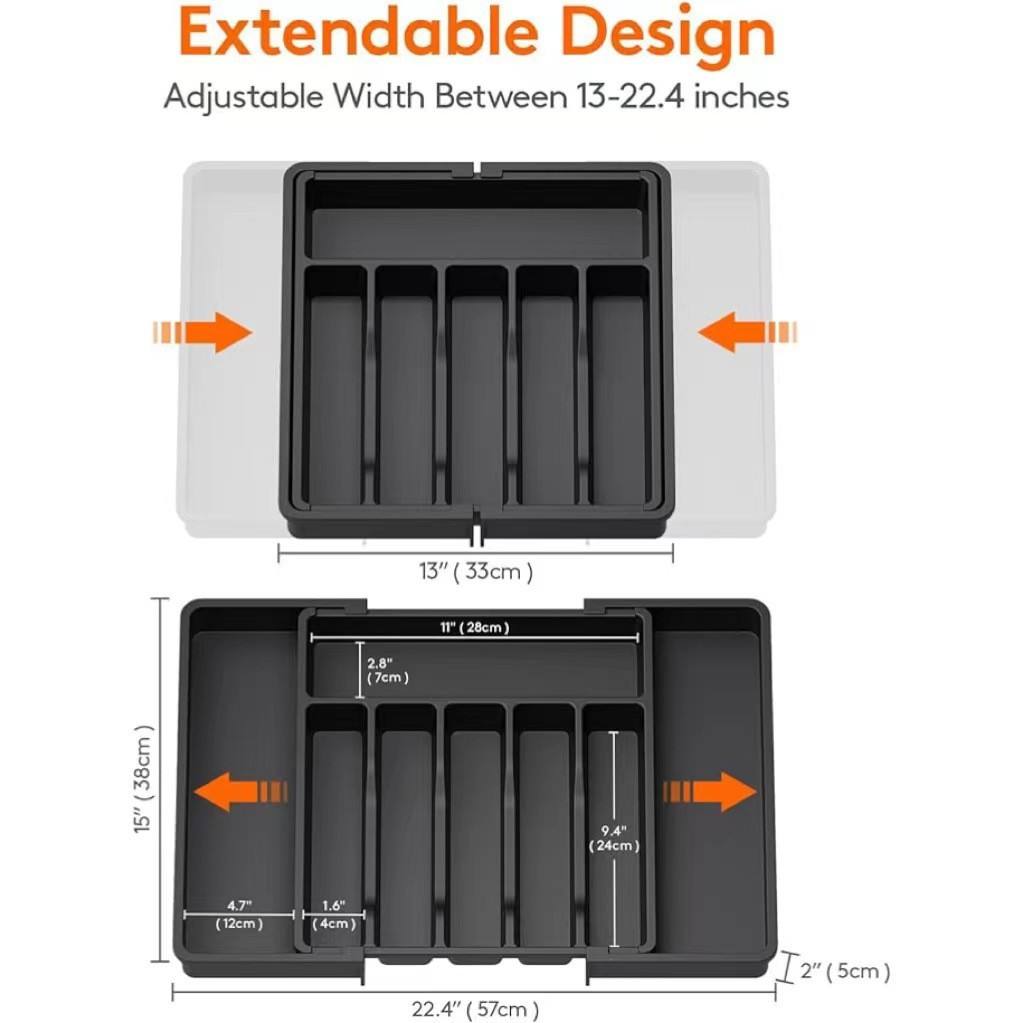Extendable Square PP Kitchen Drawer Organizer for Cutlery, 58 x 16 x 4 cm