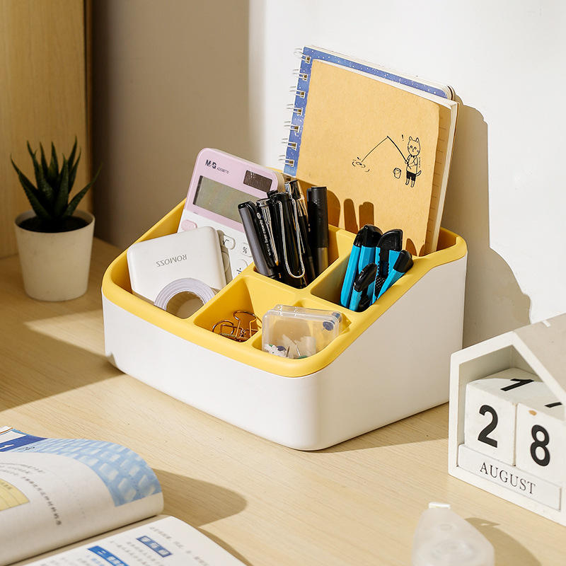 Minimalist Two-Tone Plastic Desk Organizer with Compartments, 16.5 x 9.5 x 11.5 cm