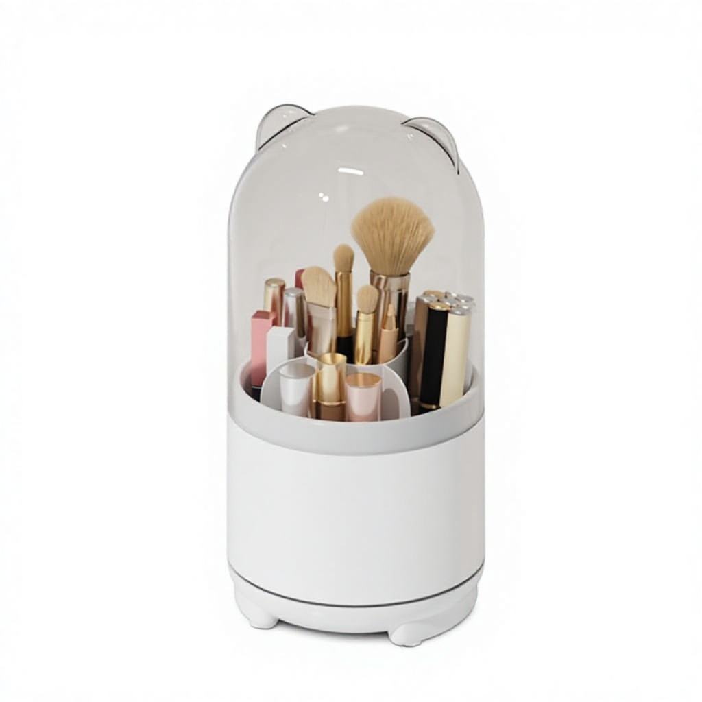360° Rotating Makeup Brush Organizer with Lid - Transparent Dustproof Holder